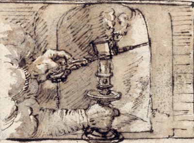 Un par de manos saliendo de una nube, apagando una vela en un candelabro (tinta y lavado marrón sobre papel) de Crispin I de Passe