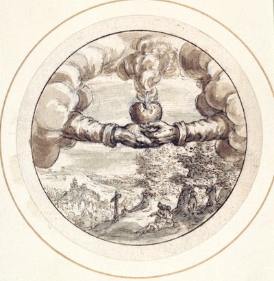 Manos sosteniendo un corazón ardiente y una corona imperial con vista del Circo Máximo de Crispin I de Passe