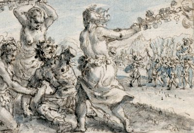 Ménades venciendo a Penteo, principios del siglo XVII (pluma y tinta marrón con lavados marrones, azules y grises) de Crispin I de Passe