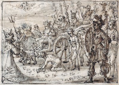 Entrada triunfal del Bacchus indio en Tebas (tinta y lavado marrón sobre papel) de Crispin I de Passe