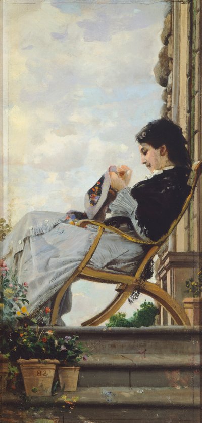 Mujer cosiendo en la terraza de Cristiano Banti