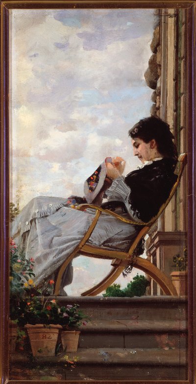 Mujer cosiendo en la terraza de Cristiano Banti