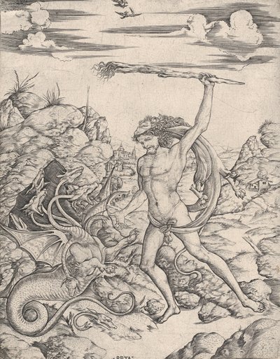 Hércules y la Hidra, empuñando una antorcha ataca a la Hidra alada y de múltiples cabezas, ca. 1500-1520 de Cristofano di Michele Martini