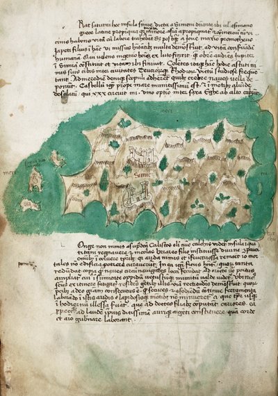 Symi, levantamiento cartográfico de la isla griega, con notas manuscritas en vitela de Cristoforo Buondelmonti