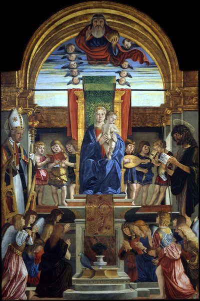 La Virgen y el Niño entronizados con Dios Padre y los santos Hilario y Juan el Bautista, 1499 de Cristoforo Caselli
