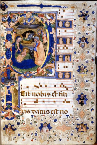 Coro del siglo XV con una letra "P" miniaturizada representando la natividad por Cristoforo Cortese. Principios del siglo XV de Cristoforo Cortese