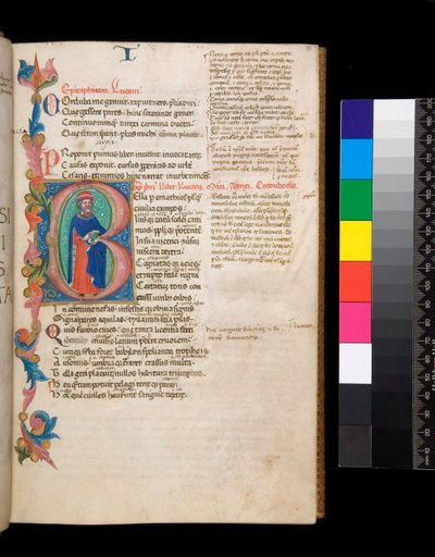 Ms 325. Lucano, Bellum Civile, y otras obras, f.10r. Inicial iluminada [B], habitada por un retrato de autor de cuerpo entero, extendiéndose en un borde parcial de follaje, c.1400-10 (pergamino) de Cristoforo Cortese