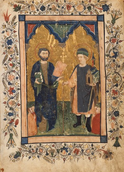 San Marcos el Evangelista y San Sinibaldo venerados por miembros de una cofradía, ca. 1425-34 de Cristoforo Cortese