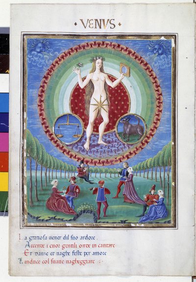Cometa con los signos del zodiaco de libra y tauro. Abajo, las escenas galantes. Miniatura hecha por Cristoforo de Predis (v. 1440-v. 1486) - en 