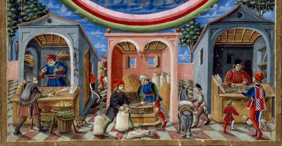 Detalle de comerciantes vendiendo varios artículos: a la izquierda, un comerciante de frutas y verduras, en el centro un molinero moldeando grano (detalle) de Cristoforo De Predis