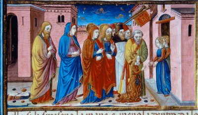 Iluminación que representa a María recibida por las vírgenes del Templo, en el Códice De Predis de Cristoforo De Predis