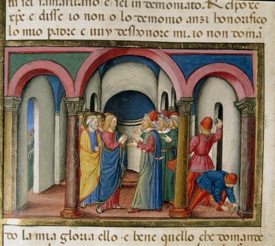 Jesús fue interceptado cerca del templo de Salomón por judíos que le pidieron que demostrara su identidad (Miniatura de Cristoforo De Predis, 1440-1486, después de la Historia del Nuevo Testamento) de Cristoforo De Predis