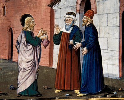 Judas va al sacerdote y confiesa su traición a Cristo, del Leggendario Sforza-Savoia de Cristoforo De Predis