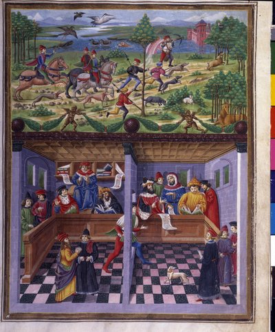 Influencia de marzo: caza y corte. Miniatura hecha por Cristoforo de Predis (v. 1440-v. 1486) - en 