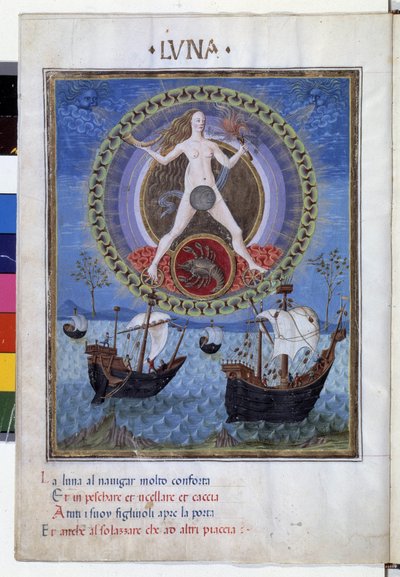 Luna con el signo zodiacal de cáncer. Abajo, barcos durante la marea creciente. Miniatura hecha por Cristoforo de Predis (v. 1440-v. 1486) - en “De Sphaera” d