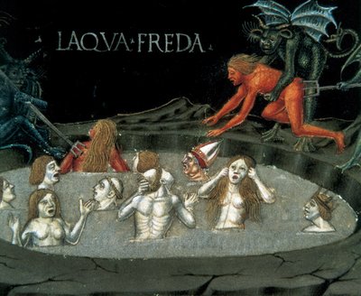 Representación de un círculo del inframundo: condenados en agua fría. Miniatura de Cristoforo De Predis de la Historia del Nuevo Testamento de Cristoforo De Predis