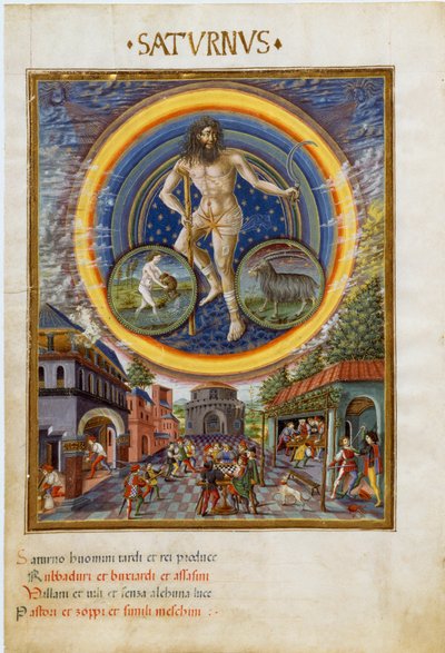 Saturno con los signos del zodiaco de acuario y capricornio. Las escenas de juego y su influencia en los hombres. (miniatura, c.1470) de Cristoforo De Predis