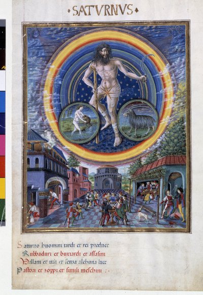 Saturno con signos del zodiaco de acuario y capricornio. Abajo, las escenas de juego y su influencia en los hombres. Miniatura realizada por Cristoforo de Predis (v. 1440-v. 1486) - en 