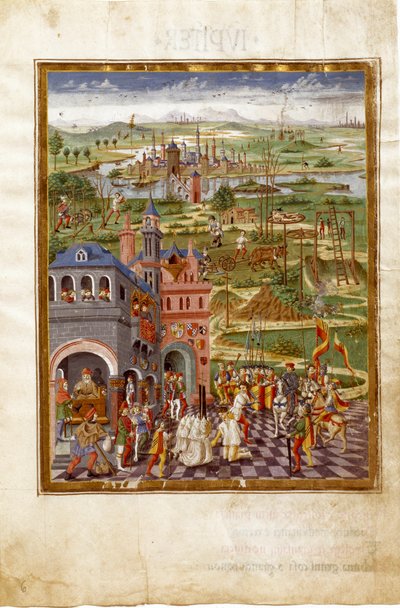 Escena de tortura y condenas en una ciudad medieval. Influencias de Saturno (miniatura, c.1470) de Cristoforo De Predis