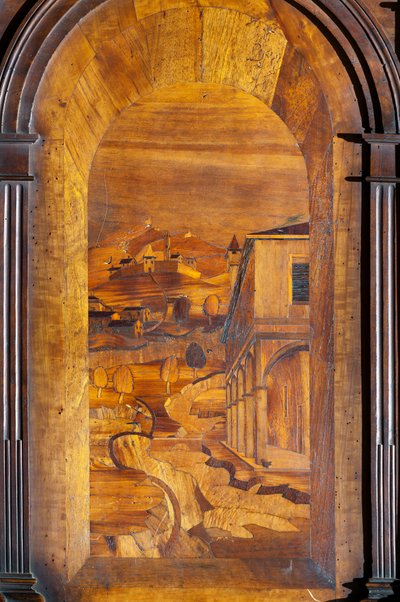 Paisaje, Intarsia, detalle del coro de madera de Cristoforo and Giuseppe Da Venetiis