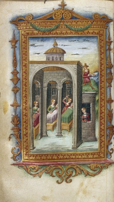 Las hijas de Danaus asesinando a sus maridos. Hipermnestra en prisión (Ilustración de Las Heroidas de Ovidio, 1485-1499) de Cristoforo Majorana