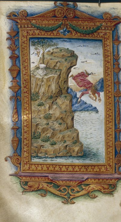 Safo arrojándose al mar, ilustración para Las Heroidas de Ovidio, 1485-1499 de Cristoforo Majorana