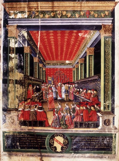 Inducción de Ludovico María Sforza, llamado el Moro (1452-1508) - Iluminación del Misal del Cardenal Arcimboldi, hecha por el famoso miniaturista Cristoforo de Predis. Biblioteca Capitolare, Milán de Cristoforo De Predis
