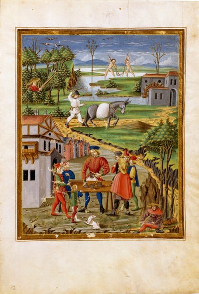 Influencia de la Luna: escena de pesca, caza y agricultura (miniatura, c.1470) de Cristoforo De Predis