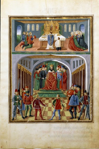 Influencia del sol: poderes temporales (rey ante sus cortesanos) y poderes espirituales (sacerdote sirviendo en una iglesia). (miniatura, c.1470) de Cristoforo De Predis