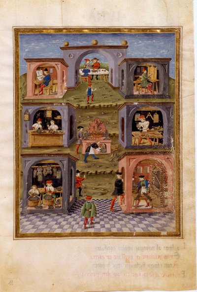 Influencias de Mercurio: los artesanos. Una escena de cocina rodeada de una escena de comida, un copista, un relojero, un armero, un fabricante de órganos, un escultor y un pintor de arte sacro (miniatura, c.1470) de Cristoforo De Predis