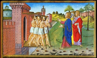 Jesús y los leprosos. Miniatura de Cristoforo de Predis - en Historia del nuevo testamento de Cristoforo De Predis