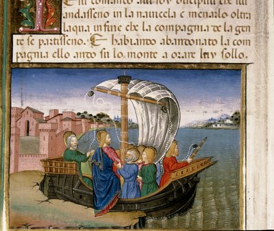 Jesús dice a los apóstoles que vayan en barco a Cafarnaúm mientras él va a orar en la montaña. Miniatura de Cristoforo De Predis (1440-1486) después de la Historia del Nuevo Testamento de Cristoforo De Predis