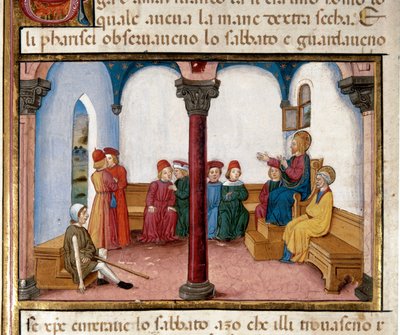 Jesús cura al hombre de la mano seca (Miniatura de Cristoforo De Predis, 1440-1486, después de la Historia del Nuevo Testamento, fol. 81) de Cristoforo De Predis