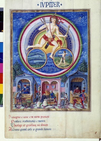 Júpiter con signos zodiacales de peces y Sagitario. Abajo, comerciantes vendiendo varios artículos. Miniatura realizada por Cristoforo de Predis (v. 1440-v. 1486) - en “De Sphaera” d
