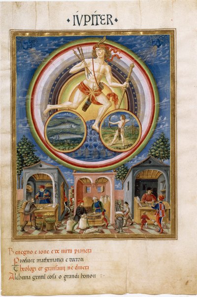 Júpiter con signos del zodiaco de Piscis y Sagitario. Comerciantes vendiendo varios artículos. (miniatura, c.1470) de Cristoforo De Predis