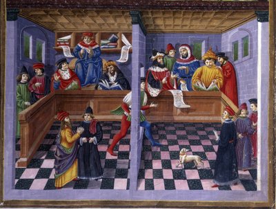 El Tribunal en “Influencia de Marte”: la caza y el tribunal. Miniatura realizada por Cristoforo de Predis (v. 1440-v. 1486) - en “De Sphaera” d