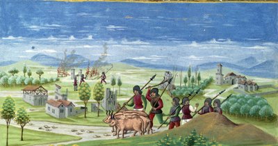 Saqueo durante la guerra (detalle). Miniatura realizada por Cristoforo de Predis (v. 1440-v. 1486) - en “De Sphaera” d