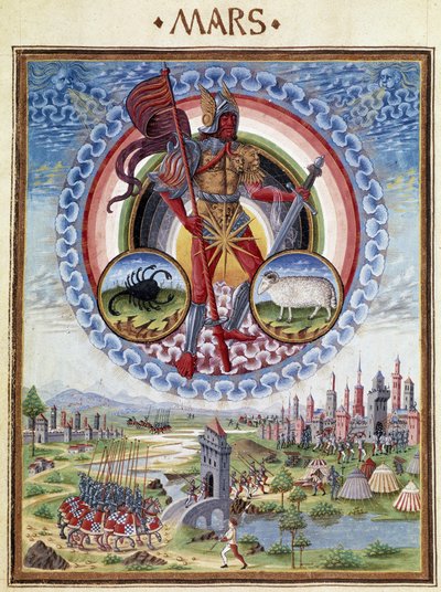 Marte con los signos del zodiaco de escorpión y carnero. Abajo, las escenas de batalla. Miniatura realizada por Cristoforo de Predis (v. 1440-v. 1486) - en “De Sphaera” d