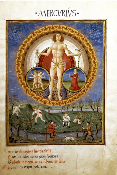 Mercurio con los signos del zodiaco de Virgo y Géminis. Campesinos trabajando en los campos (miniatura, c.1470) de Cristoforo De Predis