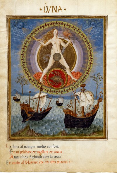 Luna con el signo zodiacal de cáncer. Barcos durante la marea creciente (miniatura, c.1470) de Cristoforo De Predis
