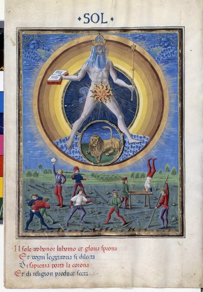Sol con el signo zodiacal del león. Abajo hay escenas de ejercicios físicos de hombres. Miniatura realizada por Cristoforo de Predis (v. 1440-v. 1486) - en “De Sphaera” d