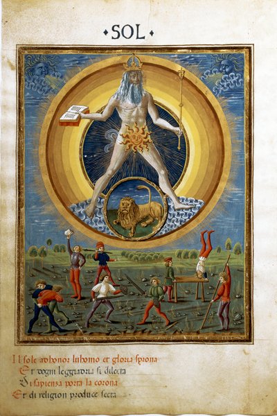 Sol con el signo zodiacal de Leo. Escenas de ejercicios físicos de hombres. (miniatura, c.1470) de Cristoforo De Predis