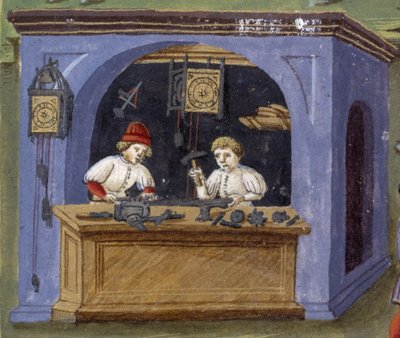 Un relojero en “Influencia de la luna”: artesanos. Miniatura realizada por Cristoforo de Predis (v. 1440-v. 1486) - en “De Sphaera” d