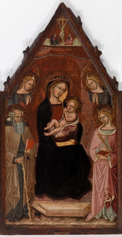 Virgen y el Niño con dos ángeles y los santos Antonio Abad y Catalina de Alejandría y la Crucifixión de Cristoforo di Bindoccio, Meo