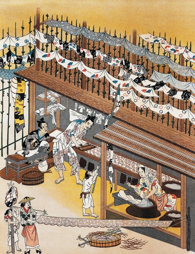 Artesanos trabajando, pintando biombos de seda, período Edo (1600-1868) de Culture Edo