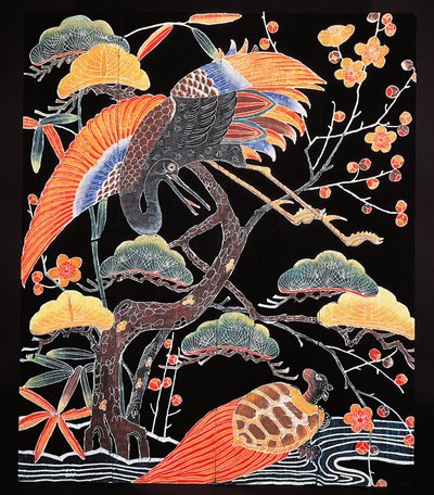 Detalle de grullas y tortuga de cola larga (tsurugame) del tejido del kimono con motivos auspiciosos, civilización japonesa, periodo Edo de Culture Edo