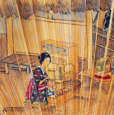 Abanico de doble cara con listones de madera lacada y guarda que representa la preparación del té de Culture Edo