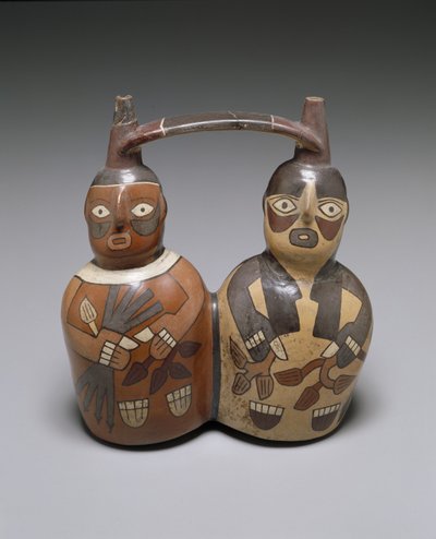 Vasija de doble pico con asa de correa: Dos figuras, Nazca Medio, AD 100-150 de Culture Nazca