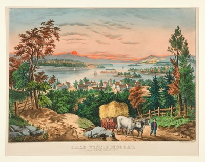Lago Winnipiseogee, desde Center Harbor, NH de Currier and Ives