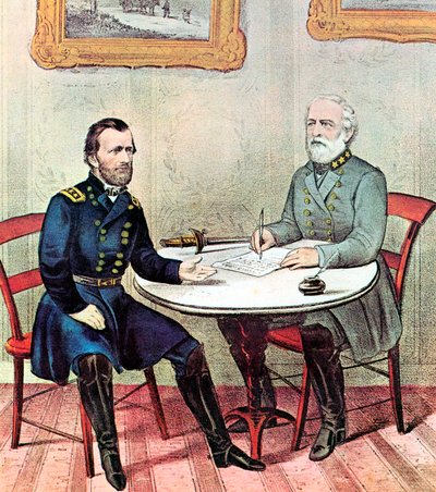 Reunión de los generales Grant (izquierda) y Lee, Guerra Civil Americana, 1865 de Currier and Ives